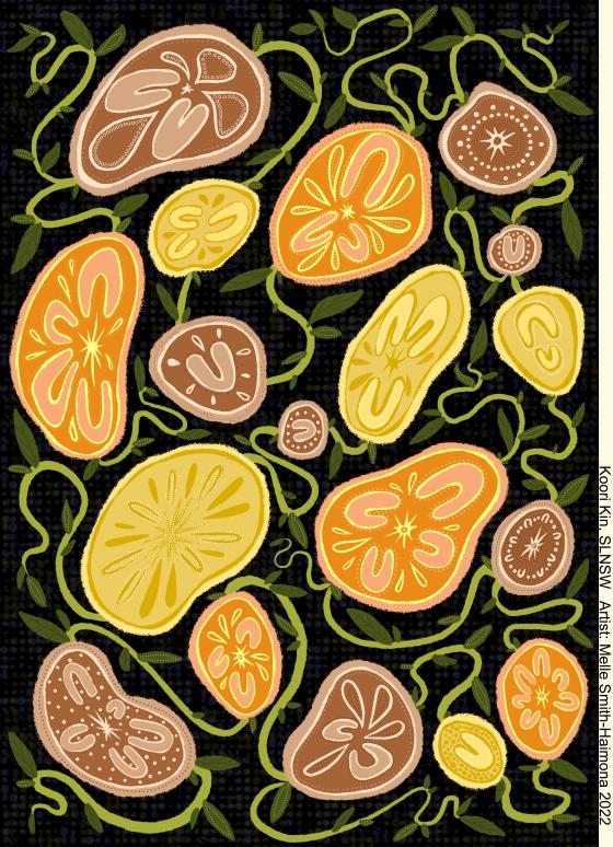 Bright artwork of a fruitful vine on black background by Aboriginal artist Melle Smith-Haimona to represent the Koori Kin service and Aboriginal family connections