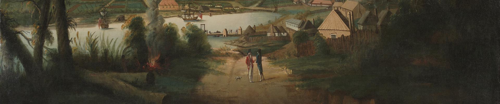 A direct north general view of Sydney Cove, the chief British settlement in New South Wales as it appeared in 1794, being the 7th year from its establishment. Painted immediately from nature by T. Watling