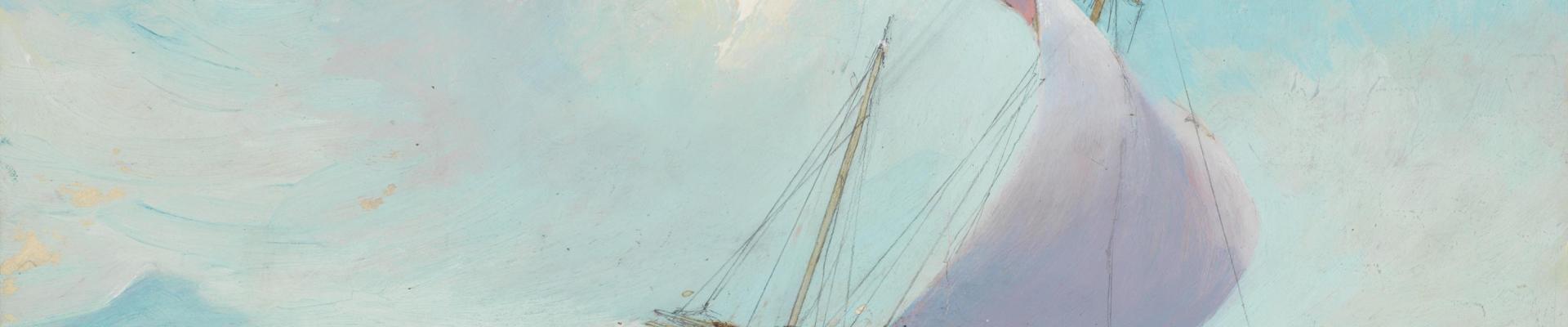 Detail: [The Kathleen Gillet in full sail], oil on card, Kathleen's voyage number 2, Thursday Island to Christmas Island, July-August 1947