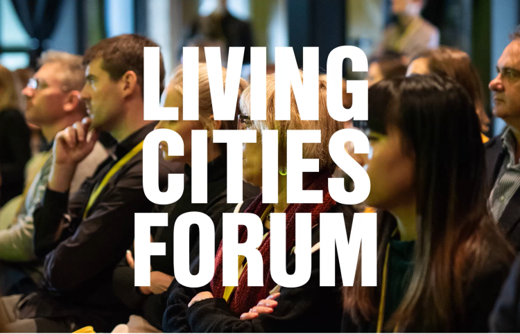 Living cities forum text over photo of crowd