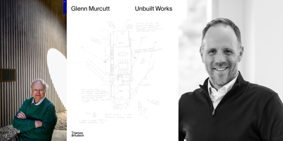 Two headshots of men either side of a book cover reading Glenn Murcutt: Unbuilt Works featuring an architectural drawing