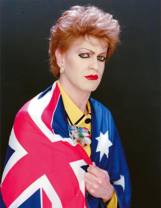 Portrait of character Pauline Pantsdown wrapped in flag