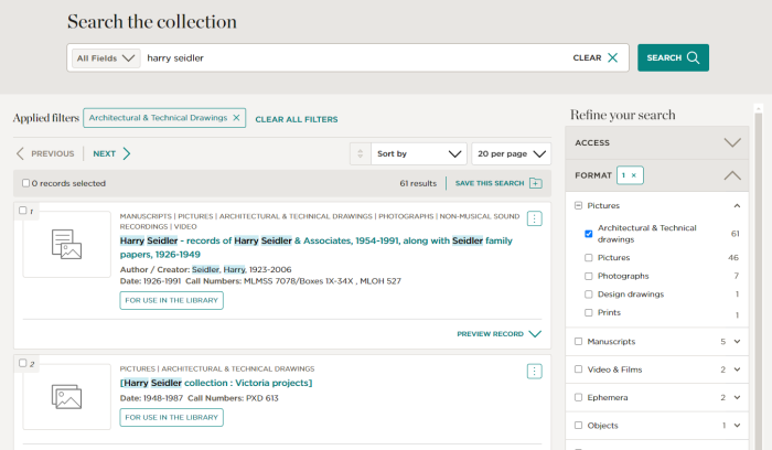 Screen grab of a catalogue search