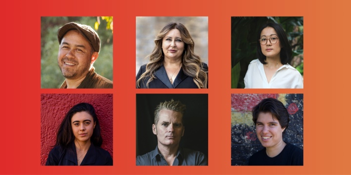 Red orange gradient background, with headshots of 6 x authors. The first, Khin Myint, is a smiling man in a green-brown beret. The second is Ashlee Donohue, a woman with long wavy hair wearing a blazer. The third is Jessie Tu, a woman with short black hair, glasses and a collared white shirt. The fourth is Winnie Dunn, a woman with long black hair standing against a red wall. The fifth is James Bradley, a man wearing a charcoal grey shirt. The sixth is Ellen van Neerven, a smily person with short dark hair 