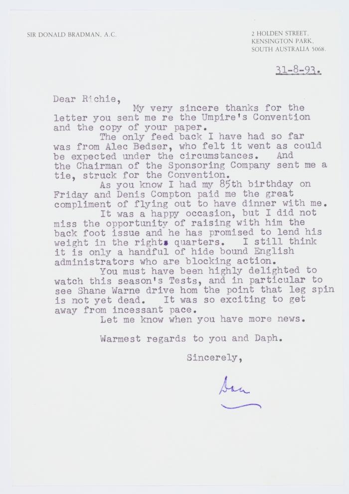 Letter from Sir Donald Bradman to Richie Benaud, 1993