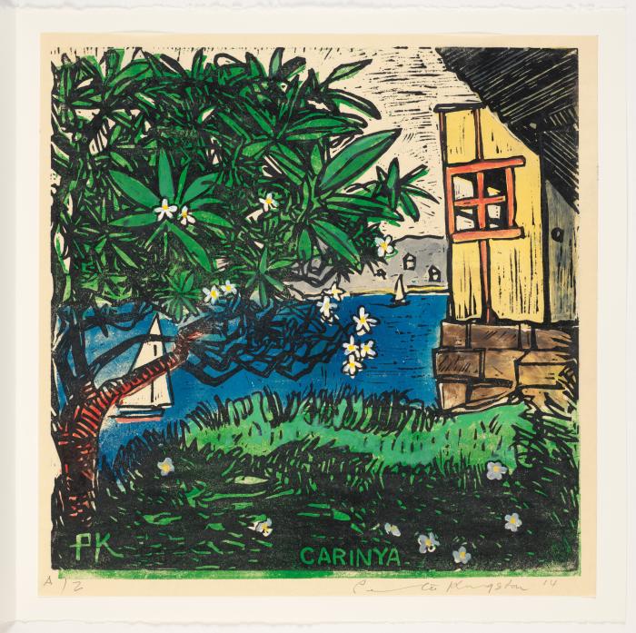 Colourful lino block print showing a house with harbour view
