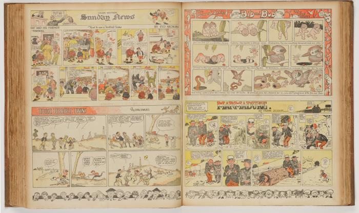 Newspaper pages with double page cartoon showing Bib and Bub stip