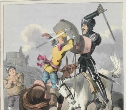 Colour illustration of knight fighting on horseback